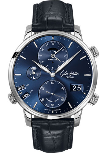 Glashütte Original Senator Cosmopolite - Steel Case - Blue Dial - Blue Alligator Strap - Pin Buckle