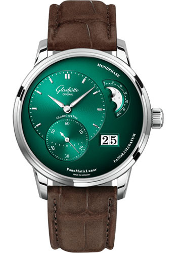 Glashütte Original PanoMaticLunar - Steel Case - Green-Black Dial - Brown Louisiana Alligator Nubuk Leather Strap - Pin Buckle