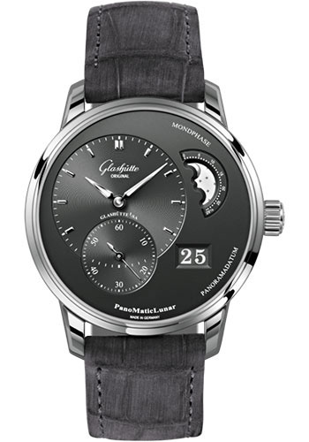 Glashütte Original PanoMaticLunar - Steel Case - Ruthenium Dial - Grey Louisiana Alligator Nubuk Leather Strap - Pin Buckle