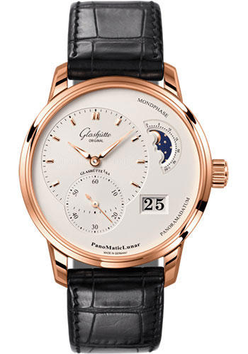 Glashütte Original PanoMaticLunar - Red Gold Case - Silver Opalin Dial - Black Alligator Strap - Pin Buckle