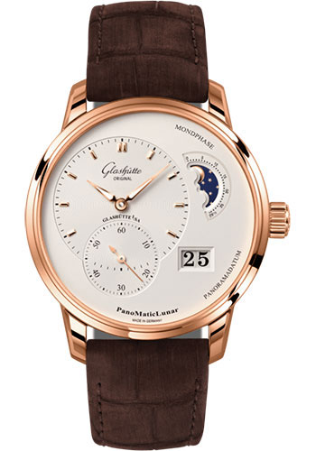 Glashütte Original PanoMaticLunar - Red Gold Case - Silver Opalin Dial - Brown Louisiana Alligator Nubuk Leather Strap - Pin Buckle