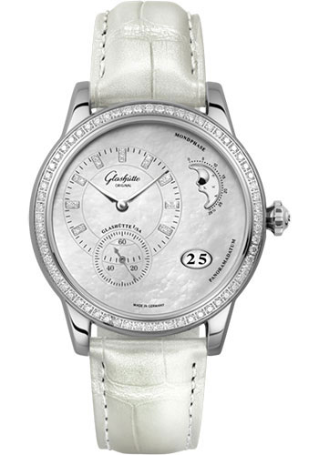Glashütte Original PanoMatic Luna - Steel Case - Diamond Bezel - Mother-Of-Pearl Light Grey Dial - White And Beige Alligator Strap - Pin Buckle