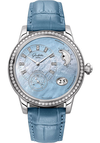 Glashütte Original PanoMatic Luna - Steel Case - Diamond Bezel - Mother-Of-Pearl Blue Dial - Blue Alligator Strap - Pin Buckle