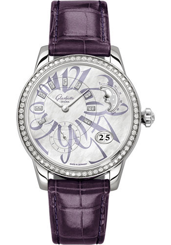 Glashütte Original PanoMatic Luna - Steel Case - Diamond Bezel - Mother-Of-Pearl White Dial - Purple Alligator Strap - Pin Buckle