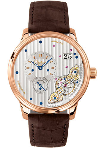 Glashütte Original PanoMaticInverse - Red Gold Case - Rhodium Dial - Brown Louisiana Alligator Nubuk Leather Strap - Folding Buckle