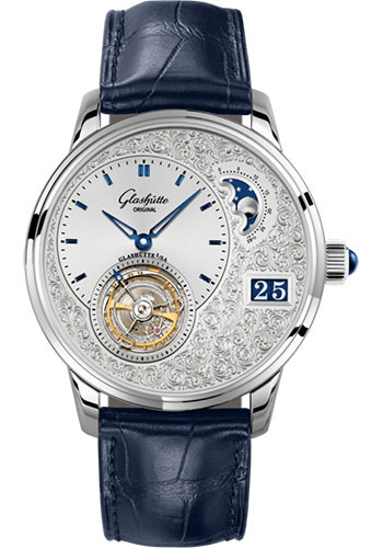 Glashütte Original PanoLunarTourbillon – Limited Edition - Platinium Case - Silver-Plated Dial - Blue Alligator Strap - Folding Buckle