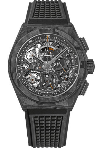 Zenith Defy El Primero 21 Watch - Black Carbon - Openworked Dial - Black Rubber Strap