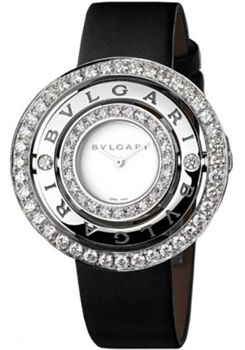 Bvlgari Astrale Watch - 36 mm White Gold Case - Diamond And Logo Bezel - White Dial - Black Satin Strap