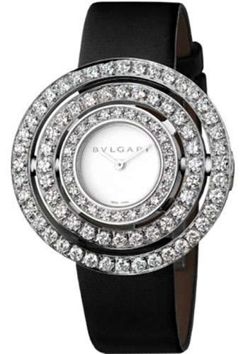 Bvlgari Astrale Watch - 36 mm White Gold Case - Full Diamond Bezel - White Dial - Black Satin Strap