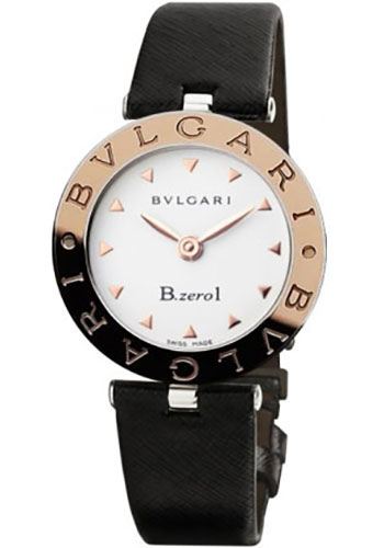 Bvlgari B.zero1 Watch - 30 mm Steel And Gold Case - Pink Gold Bezel - White Dial - Black Calfskin Strap