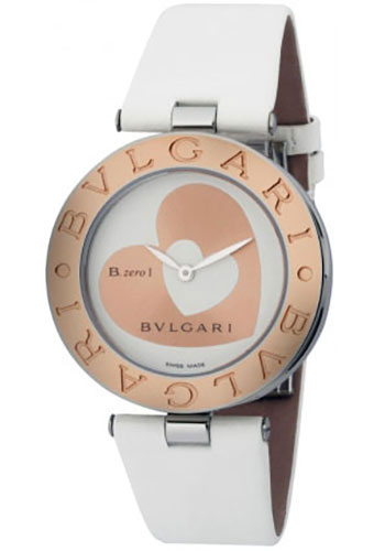 Bvlgari B.zero1 Watch - 35 mm Steel And Gold Case - Pink Gold Bezel - White Heart Motif Dial - White Calfskin Strap