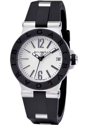 Bvlgari Diagono Watch - 29 mm Stainless Steel Case - Black Rubber Bezel - Silver Dial - Black Rubber Strap