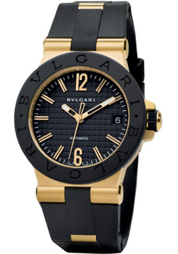 Bvlgari Diagono Watch - 35 mm Yellow Gold Case - Black Rubber Bezel - Black Dial - Black Rubber Strap