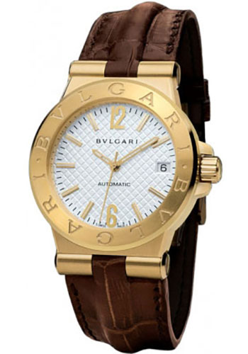 Bvlgari Diagono Watch - 35 mm Yellow Gold Case - Silver Dial - Brown Alligator Strap
