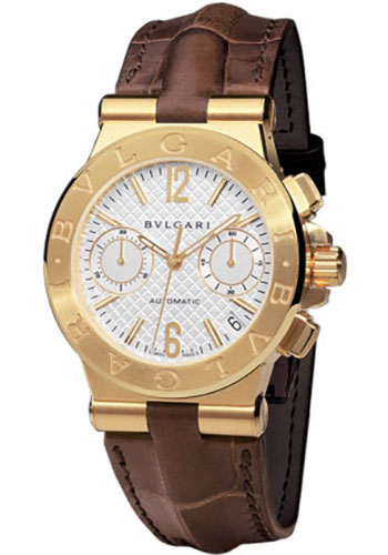 Bvlgari Diagono Chronograph Watch - 35 mm Yellow Gold Case - Silver Dial - Brown Alligator Strap