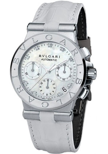 Bvlgari Diagono Chronograph Watch - 35 mm Stainless Steel Case - White Mother-Of-Pearl Dial - White Alligator Strap