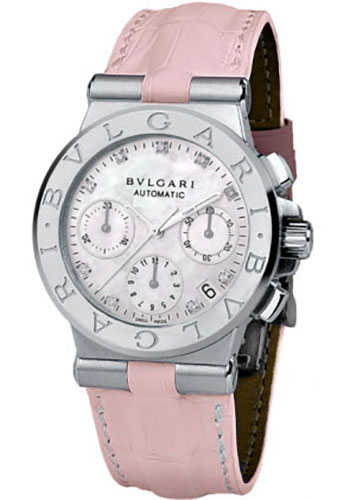 Bvlgari Diagono Chronograph Watch - 35 mm Stainless Steel Case - Pink Mother-Of-Pearl Dial - Pink Crocodile Strap