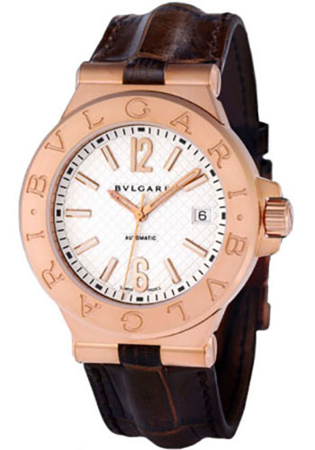 Bvlgari Diagono Watch - 40 mm Pink Gold Case - Silver Dial - Brown Alligator Strap