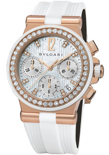 Bvlgari Diagono Chronograph Watch - 35 mm Pink Gold Case - White Rubber Diamond Bezel - White Mother-Of-Pearl Dial - White Rubber Strap