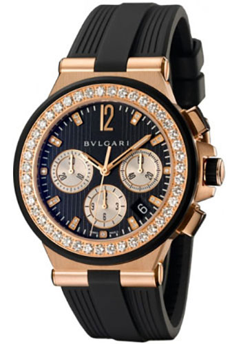 Bvlgari Diagono Chronograph Watch - 40 mm Pink Gold Case - Black Rubber Diamond Bezel - Black Dial - Black Rubber Strap