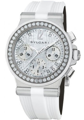 Bvlgari Diagono Chronograph Watch - 35 mm Stainless Steel Case - White Rubber Diamond Bezel - White Mother-Of-Pearl Dial - White Rubber Strap