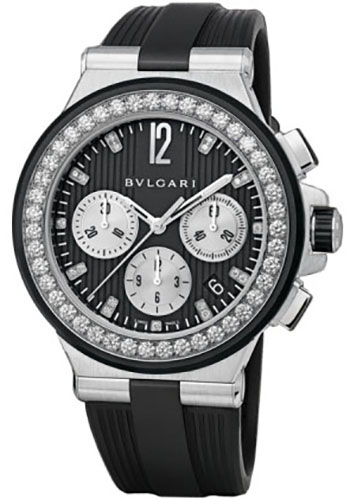 Bvlgari Diagono Chronograph Watch - 40 mm Stainless Steel Case - Black Rubber Diamond Bezel - Black Dial - Black Rubber Strap