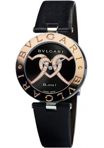 Bvlgari B.zero1 Watch - 35 mm Steel And Gold Case - Pink Gold Bezel - Black Heart Motif Dial - Black Calfskin Strap