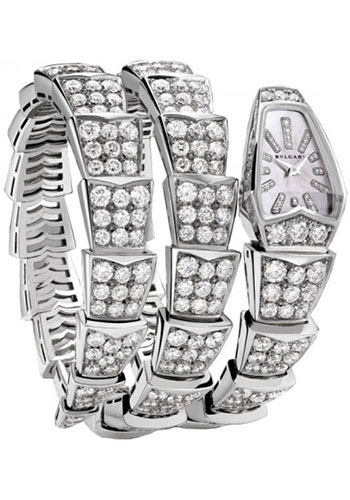 Bvlgari Serpenti Watch - 26 mm White Gold Case - Mother-Of-Pearl Dial - White Gold Double Twirl Pave Diamond Scaglie Bracelet