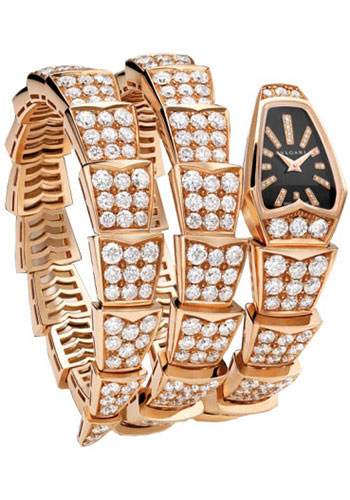 Bvlgari Serpenti Watch - 26 mm Pink Gold Case - Black Sapphire Dial - Pink Gold Douple Twirl Diamond Scaglie Bracelet