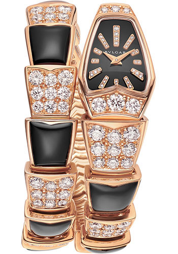Bvlgari Serpenti Watch - 26 mm Pink Gold Case - Black Sapphire Dial - Pink Gold And Onyx Single Twirl  Scaglie Bracelet