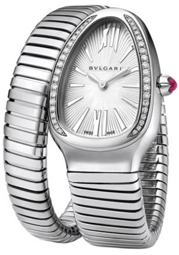 Bvlgari Serpenti Watch - 35 mm Stainless Steel Case - Diamond Bezel - Silver Dial - Steel Single Twirl Bracelet