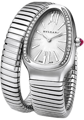 Bvlgari Serpenti Watch - 35 mm Stainless Steel Case - Diamond Bezel - Silver Dial - Steel Single Twirl Large Bracelet