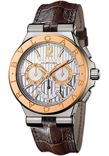 Bvlgari Diagono Chronograph Watch - 42 mm Stainless Steel Case - Pink Gold Bezel - Silver Dial - Brown Alligator Strap