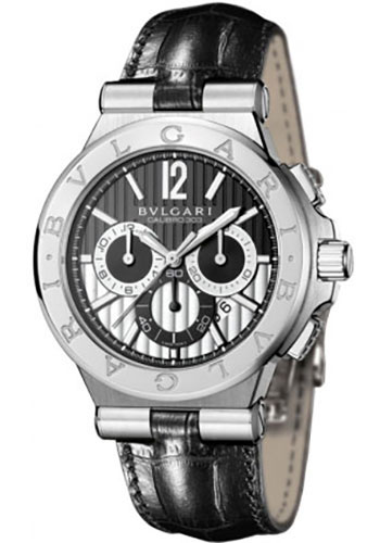 Bvlgari Diagono Chronograph Watch - 42 mm Stainless Steel Case - Black Silver Dial - Black Alligator Strap
