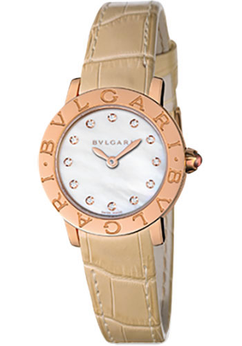 Bvlgari Bulgari Bulgari Watch - 26 mm Pink Gold Case - White Mother-Of-Pearl Dial - Beige Alligator Strap