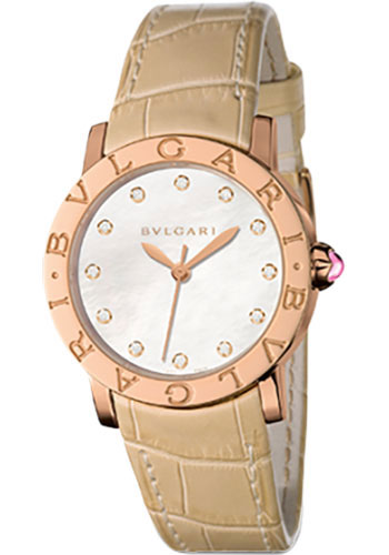 Bvlgari Bulgari Bulgari Watch - 33 mm Pink Gold Case - White Mother-Of-Pearl Dial - Beige Alligator Strap