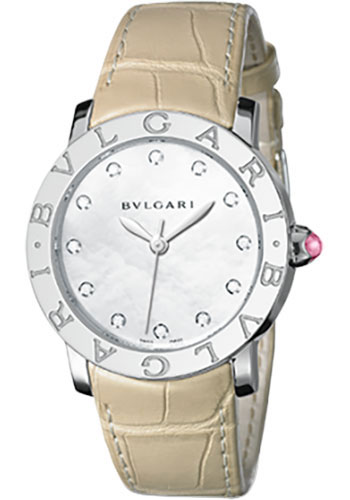 Bvlgari Bulgari Bulgari Watch - 33 mm Stainless Steel Case - White Mother-Of-Pearl Dial - Beige Alligator Strap