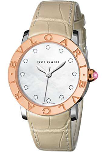 Bvlgari Bulgari Bulgari Watch - 33 mm Stainless Steel Case - Pink Gold Bezel - White Mother-Of-Pearl Dial - Beige Alligator Strap