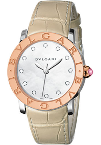 Bvlgari Bulgari Bulgari Watch - 37 mm Stainless Steel Case - Pink Gold Bezel - White Mother-Of-Pearl Dial - Beige Alligator Strap