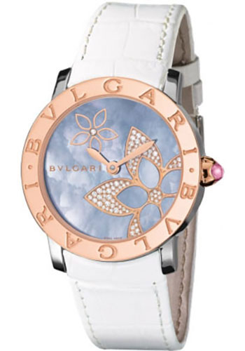 Bvlgari Bulgari Bulgari Watch - 33 mm Steel And Pink Gold Case - Blue Mother-Of-Pearl Dial - White Alligator Strap