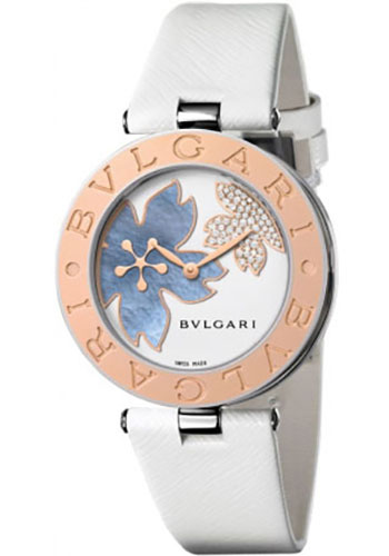 Bvlgari B.zero1 Watch - 35 mm Steel And Gold Case - Pink Gold Bezel - White Flower Motif Dial - White Calfskin Strap