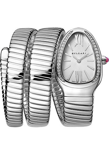 Bvlgari Serpenti Tubogas Watch - 35 mm Stainless Steel Case - Diamond Bezel - Silver Dial - Tubogas Double Spiral Steel Bracelet