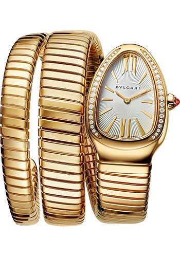Bvlgari Serpenti Tubogas Watch - 35 mm Yellow Gold Diamond Case - Silver Dial - Double Spiral Yellow Gold Bracelet