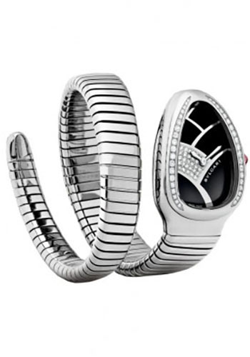 Bvlgari Serpenti Watch - 35 mm Stainless Steel Case - Diamond Bezel - Black Diamond Dial - Steel Single Twirl Bracelet
