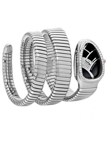 Bvlgari Serpenti Watch - 35 mm Stainless Steel Case - Diamond Bezel - Black Diamond Dial - Steel Double Twirl  Bracelet