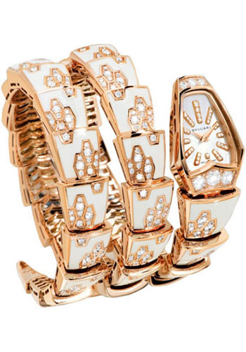 Bvlgari Serpenti Watch - 26 mm Pink Gold Case - Mother-Of-Pearl Dial - Pink Gold And White Enamel Double Twirl Scaglie Bracelet