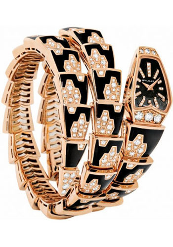 Bvlgari Serpenti Watch - 26 mm Pink Gold Case - Black Sapphire Dial - Pink Gold And Onyx Double Twirl Diamond  Scaglie Bracelet