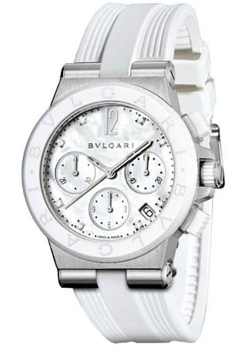 Bvlgari Diagono Chronograph Watch - 37 mm Stainless Steel Case - White Ceramic Bezel - White Mother-Of-Pearl Dial - White Rubber Strap