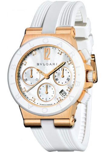Bvlgari Diagono Chronograph Watch - 37 mm Pink Gold Case - White Mother-Of-Pearl Dial - White Rubber Strap