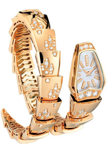 Bvlgari Serpenti Watch - 26 mm Pink Gold Case - Mother-Of-Pearl Dial - Pink Gold Single Twirl Diamond Scaglie Bracelet
